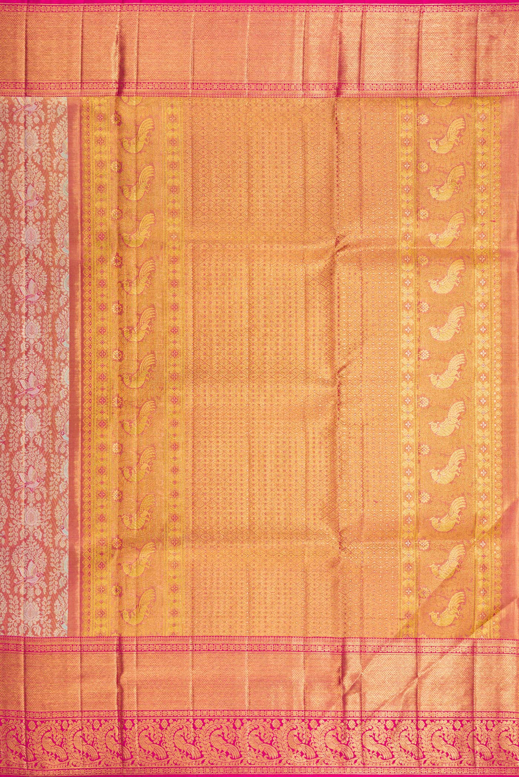 Close up image of the pallu of Gold Dual Tone Kanjivaram Tissue Saree with Zari Brocade on the body and Zari Border. 