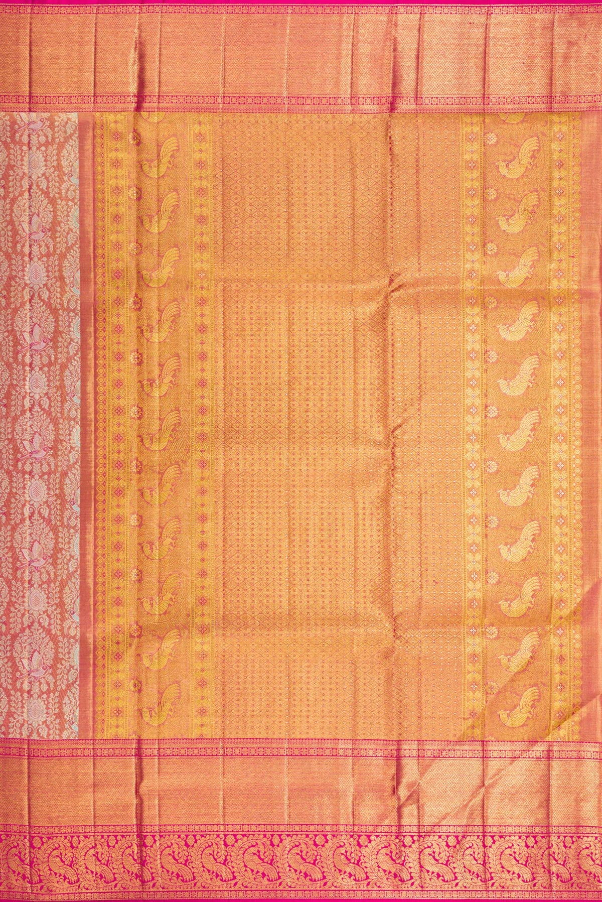 Close up image of the pallu of Gold Dual Tone Kanjivaram Tissue Saree with Zari Brocade on the body and Zari Border. 