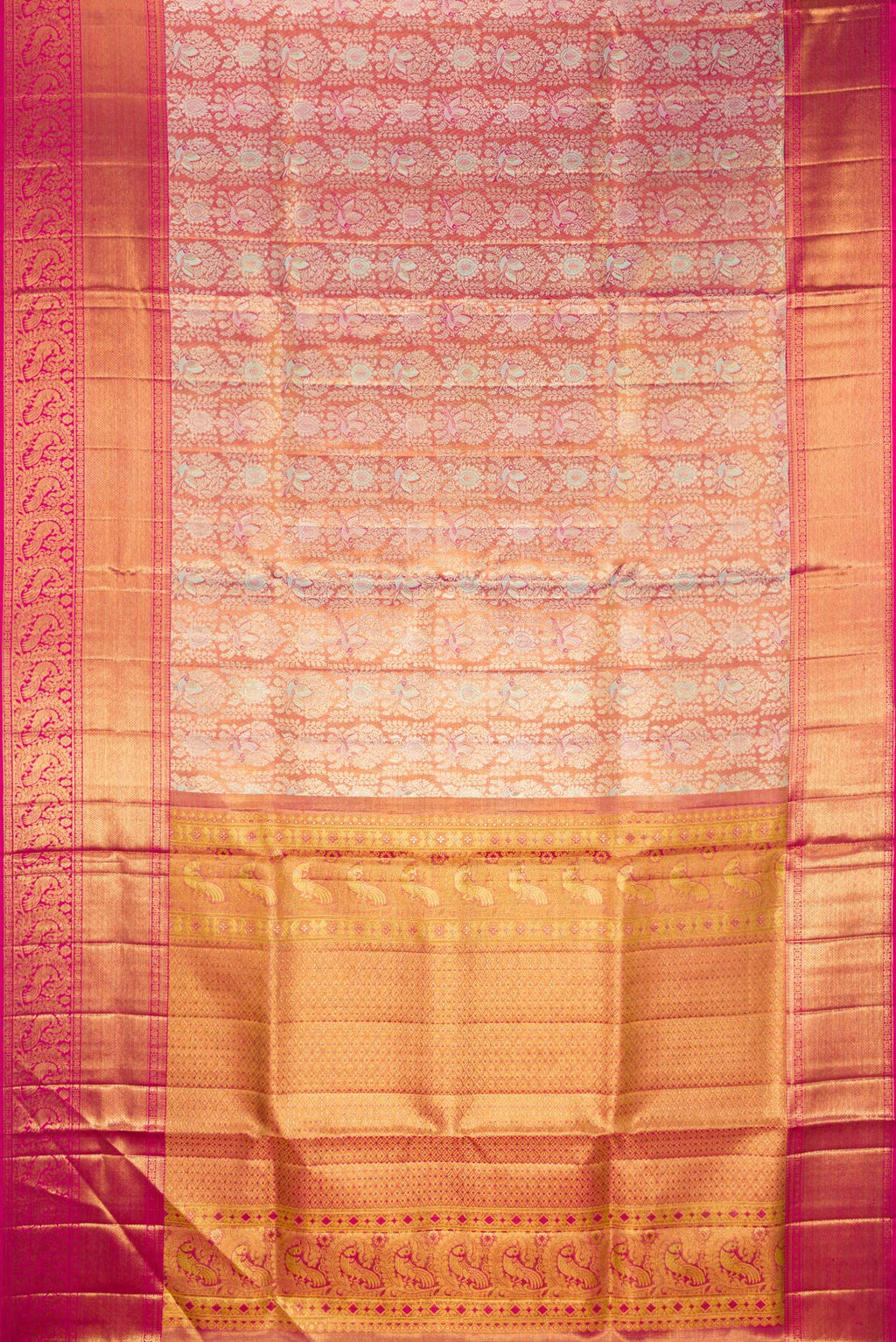 Flat view of Gold Dual Tone Kanjivaram Tissue Saree with Zari Brocade on the body and Zari Border. 