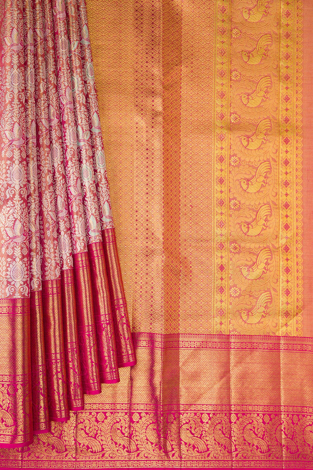 Pleats and pallu of Gold Dual Tone Kanjivaram Tissue Saree with Zari Brocade on the body and Zari Border. 