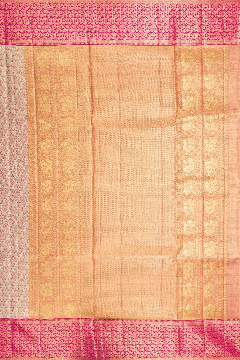 Close up image of the pallu of Gold Dual Tone Kanjivaram Tissue Saree with Zari Brocade on the body and Fancy Border. 