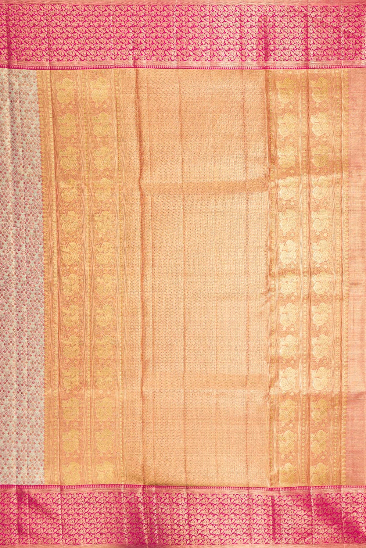 Close up image of the pallu of Gold Dual Tone Kanjivaram Tissue Saree with Zari Brocade on the body and Fancy Border. 