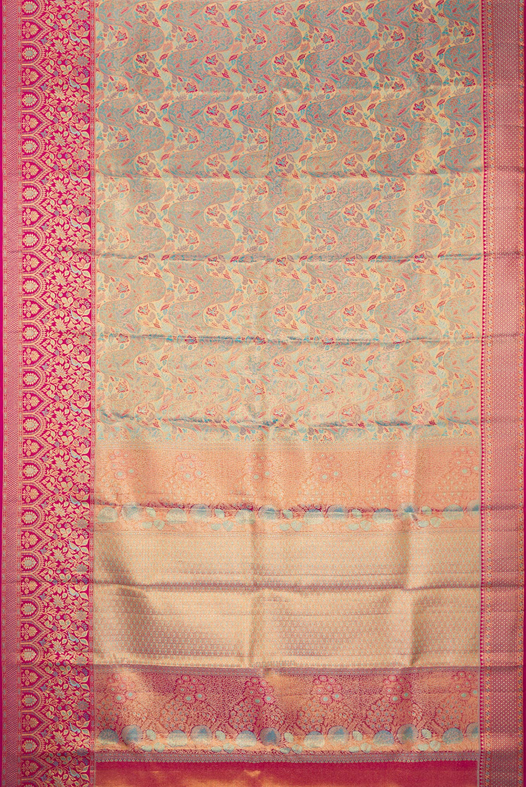 Flat view of Turquoise Dual Tone Kanjivaram Tissue Saree with Zari Brocade on the body and Fancy Border. 