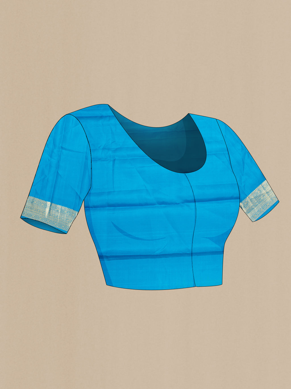 Close up image of the blouse of Pure Silk Sky Blue Kanjivaram Saree with Zari Brocade on the body and Zari Border. 