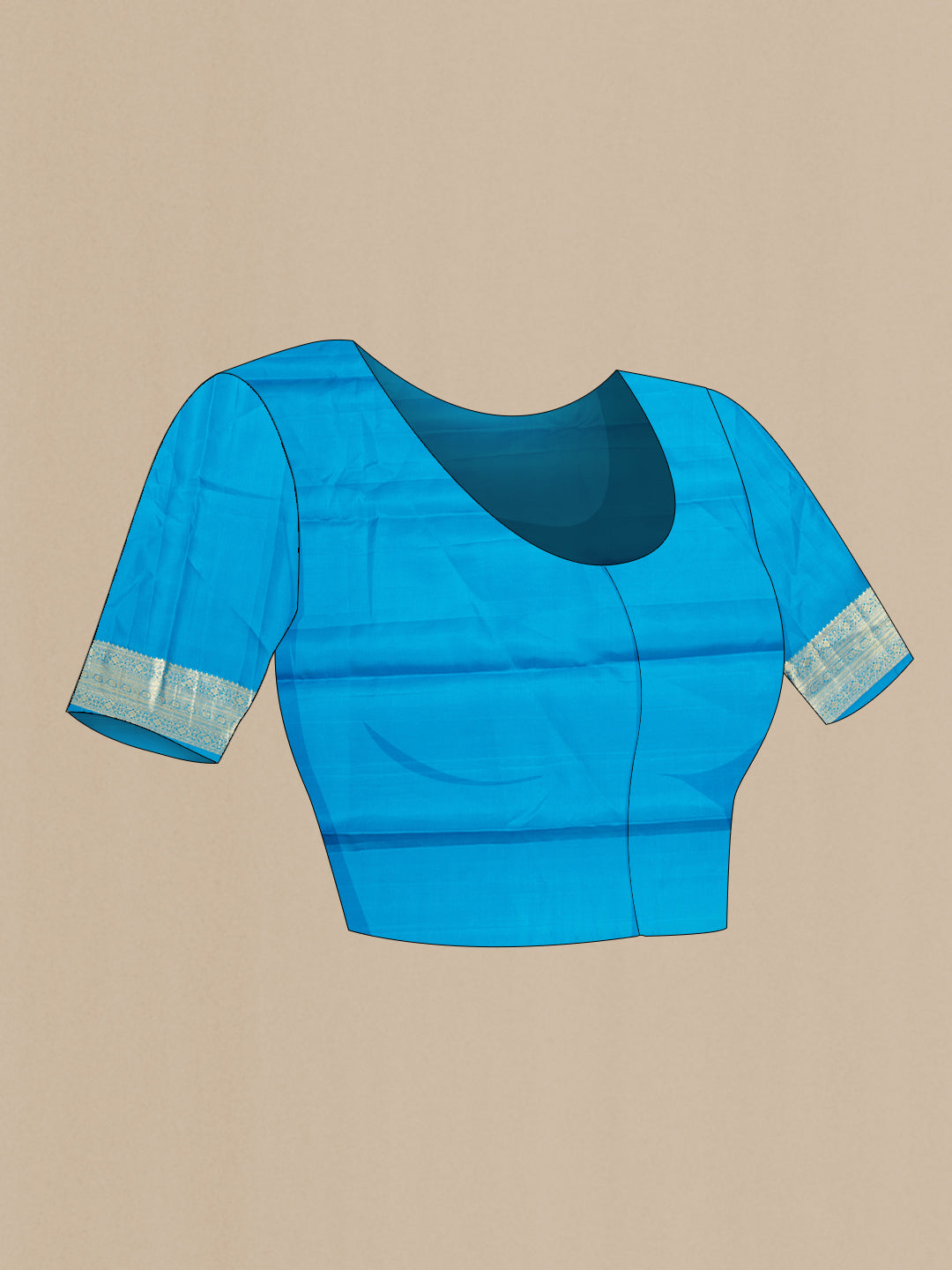 Close up image of the blouse of Pure Silk Sky Blue Kanjivaram Saree with Zari Brocade on the body and Zari Border. 