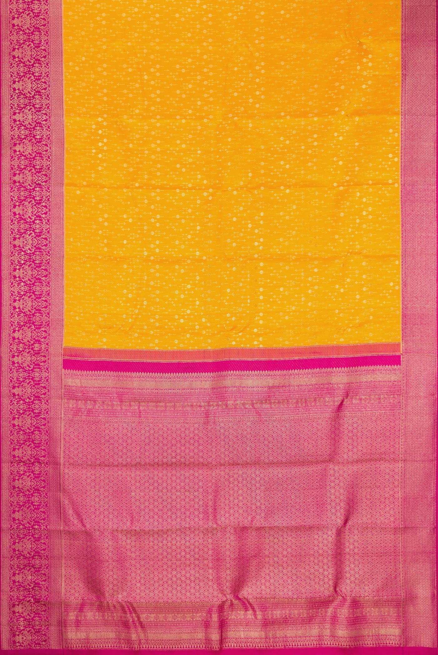 Flat view of Mustard Kanchipuram Silk Saree with Zari Brocade on the body and Fancy Border. 