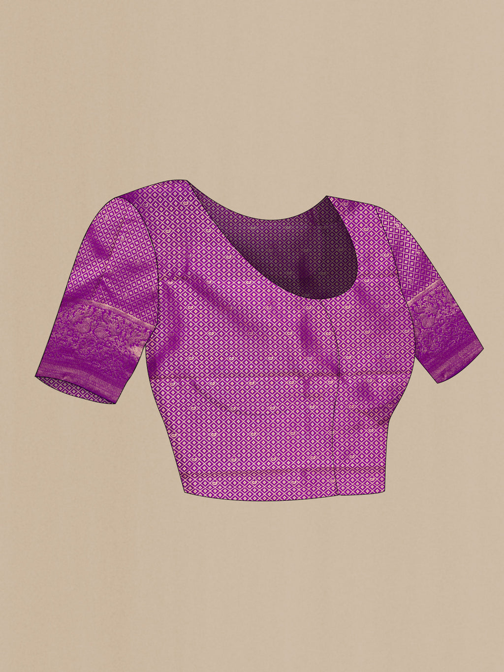 Close up image of the blouse of Sandal Kanchipuram Silk Saree with Zari Brocade on the body and Fancy Border. 
