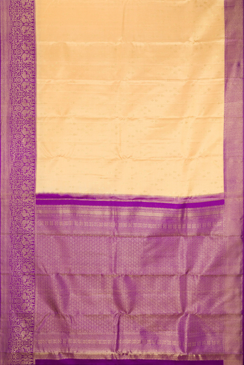 Flat view of Sandal Kanchipuram Silk Saree with Zari Brocade on the body and Fancy Border. 