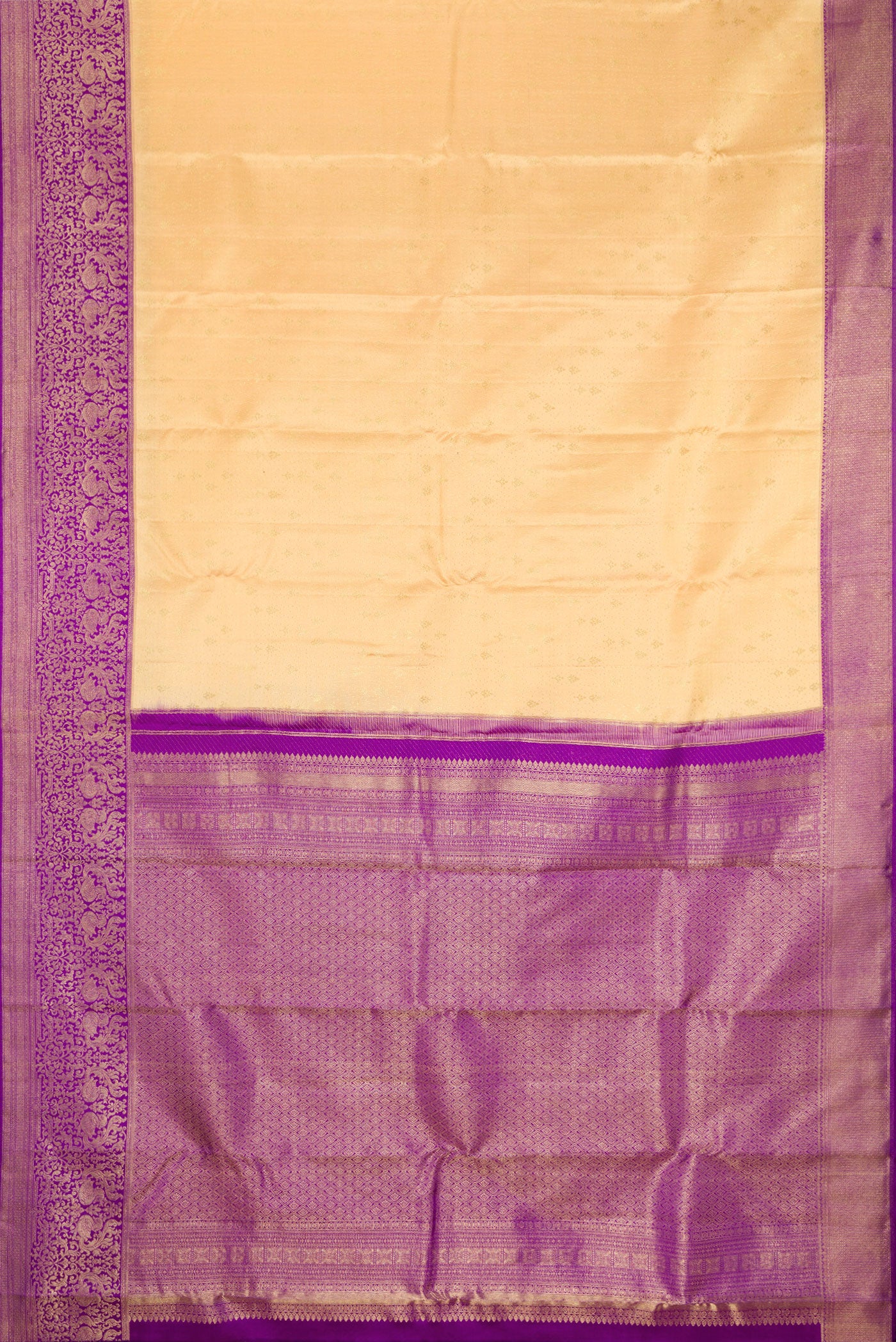 Flat view of Sandal Kanchipuram Silk Saree with Zari Brocade on the body and Fancy Border. 