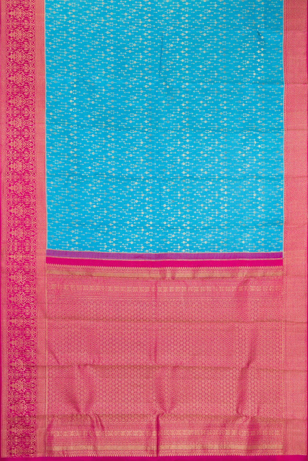 Flat view of Sky Blue Kanchipuram Silk Saree with Zari Brocade on the body and Zari Border. 