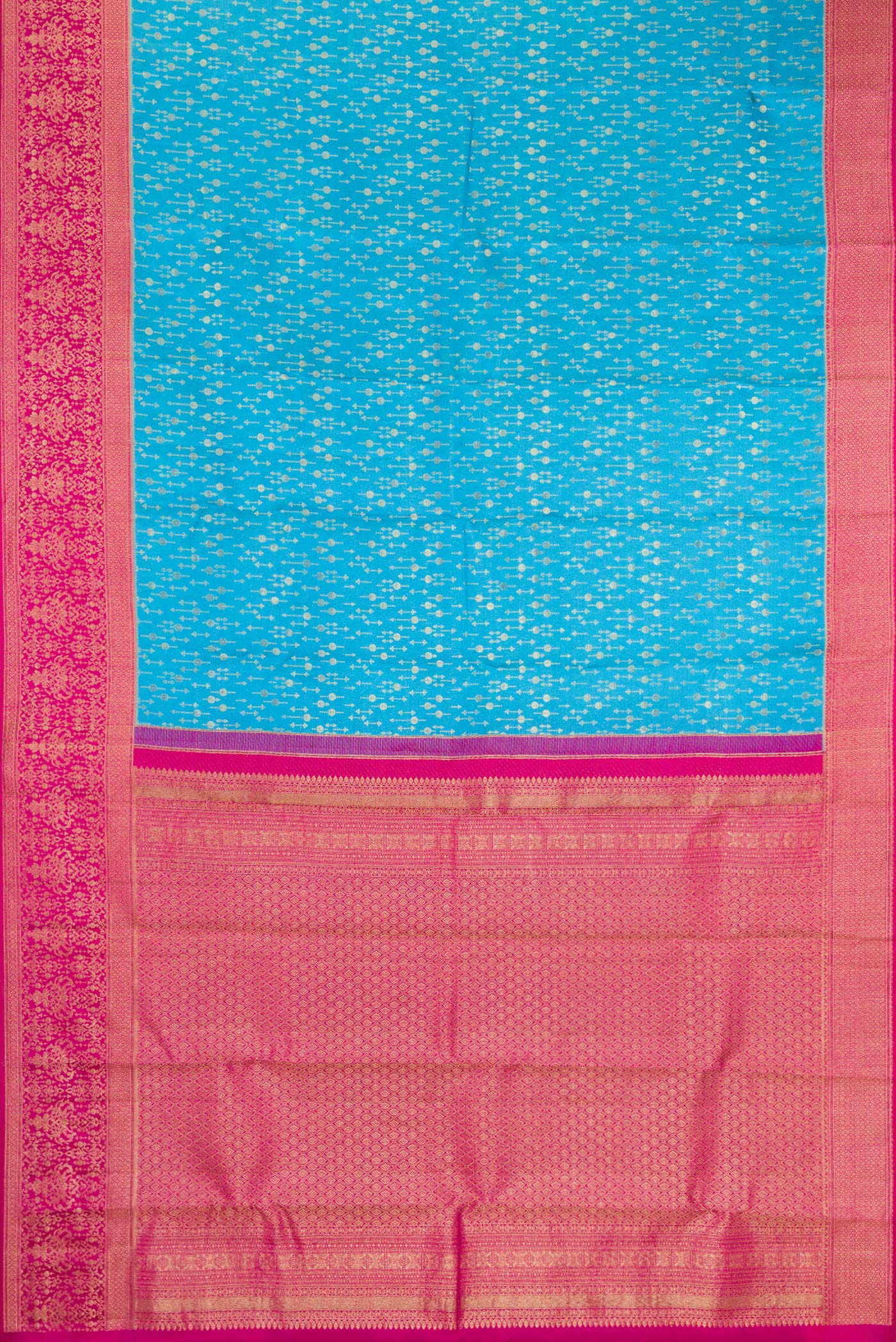 Flat view of Sky Blue Kanchipuram Silk Saree with Zari Brocade on the body and Zari Border. 
