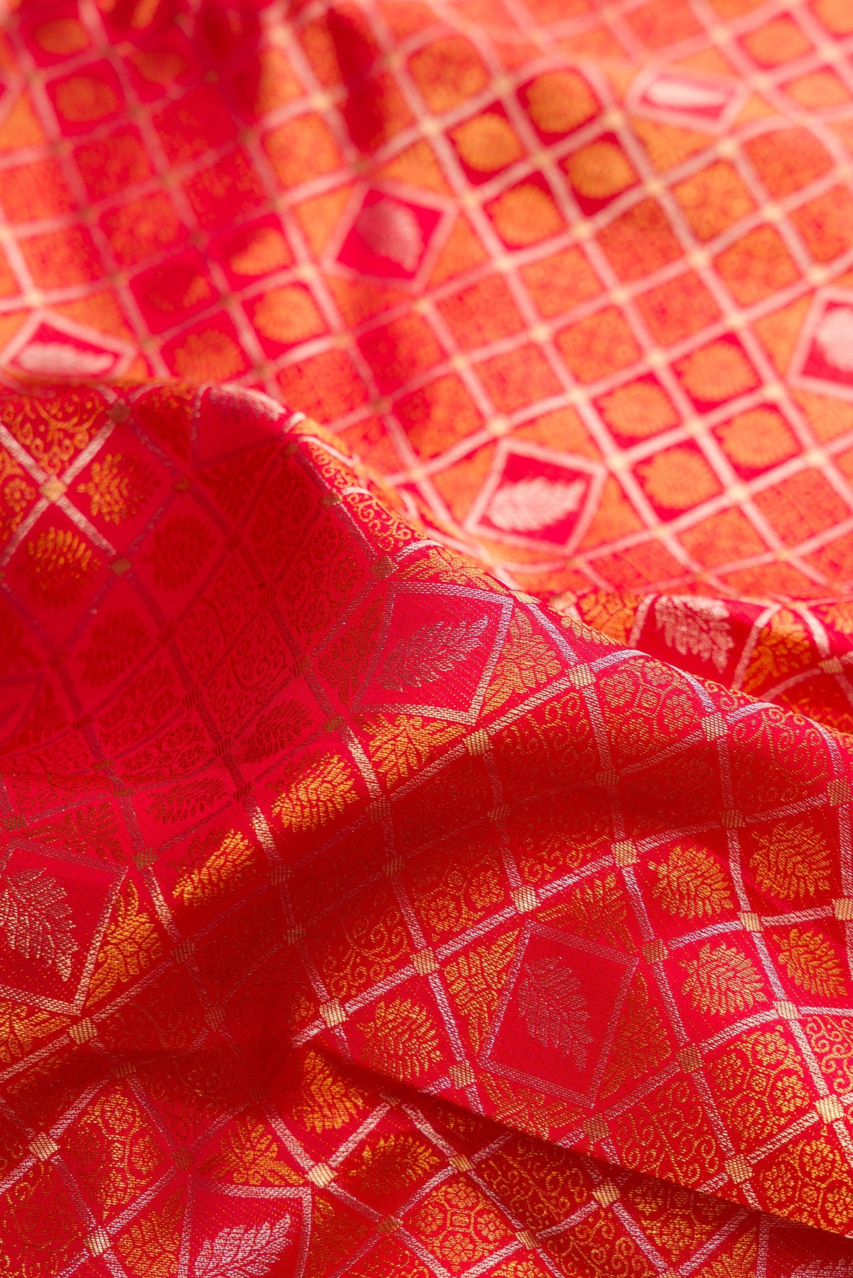 Close up of Pure Silk Red Dual Tone Kanjivaram Saree with Zari Brocade on the body and Zari Border.  displaying folds