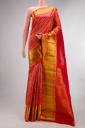 Pure Silk Red Dual Tone Kanjivaram Saree with Zari Brocade on the body and Zari Border.  displayed on a mannequin