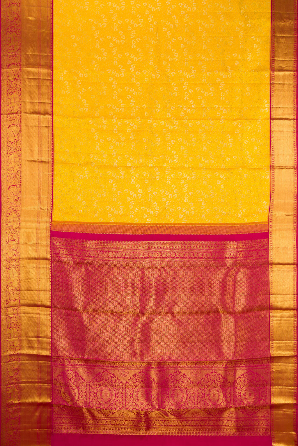 Flat view of Pure Silk Yellow Kanjivaram Saree with Zari Brocade on the body and Zari Border. 