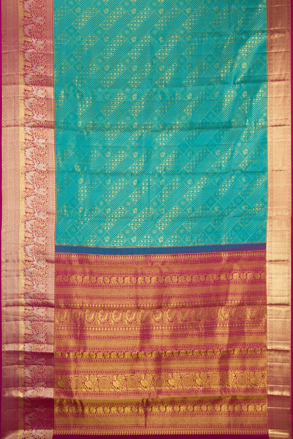 Flat view of Sea Green Kanjivaram Silk Saree with Zari Brocade on the body and Fancy Border. 