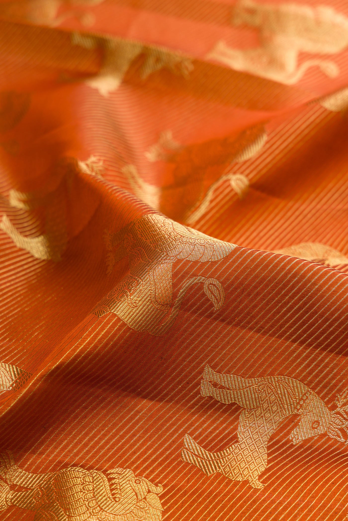 Close up of Rust Kanchipuram Silk Saree with Zari Brocade on the body and Without Border.  displaying folds
