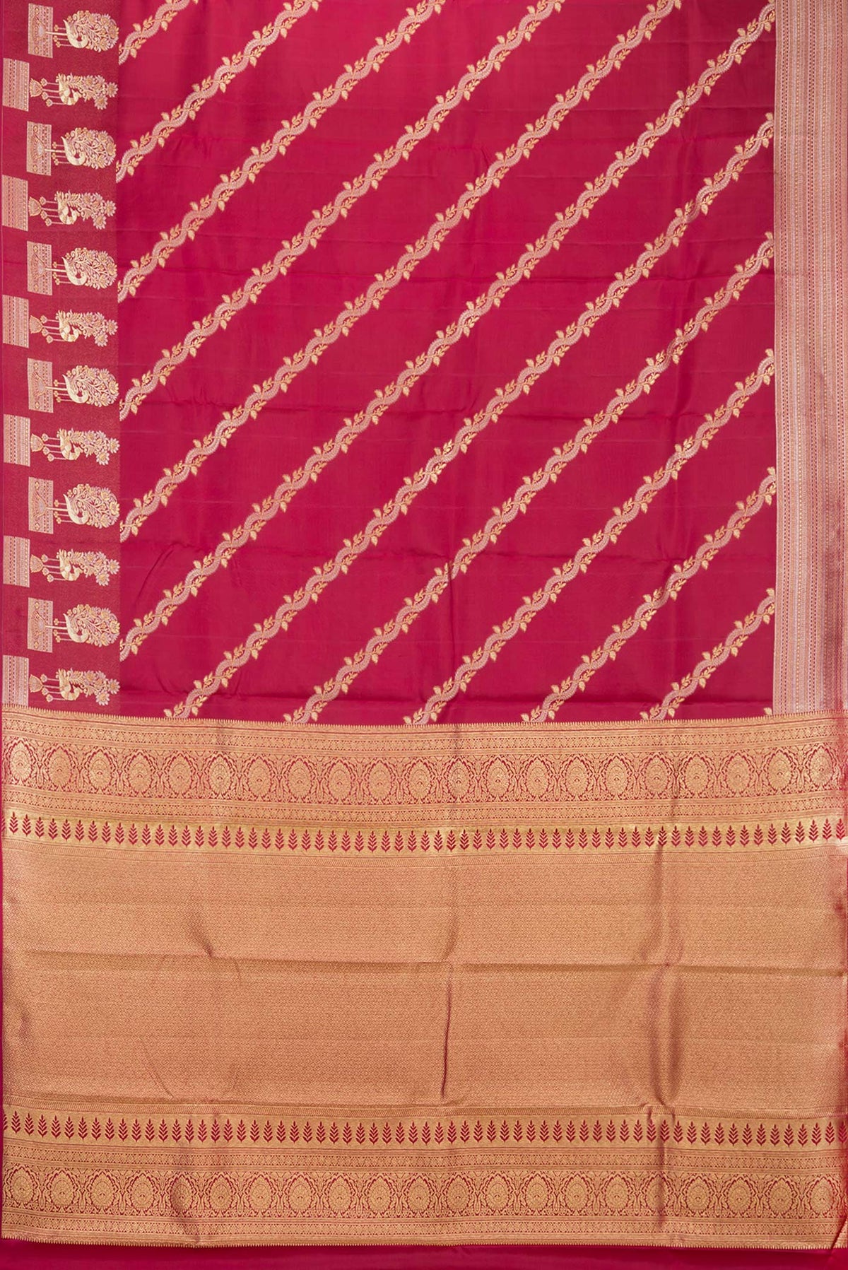 Flat view of Pure Silk Maroon Kanchipuram Saree with Zari Butta on the body and Fancy Border. 