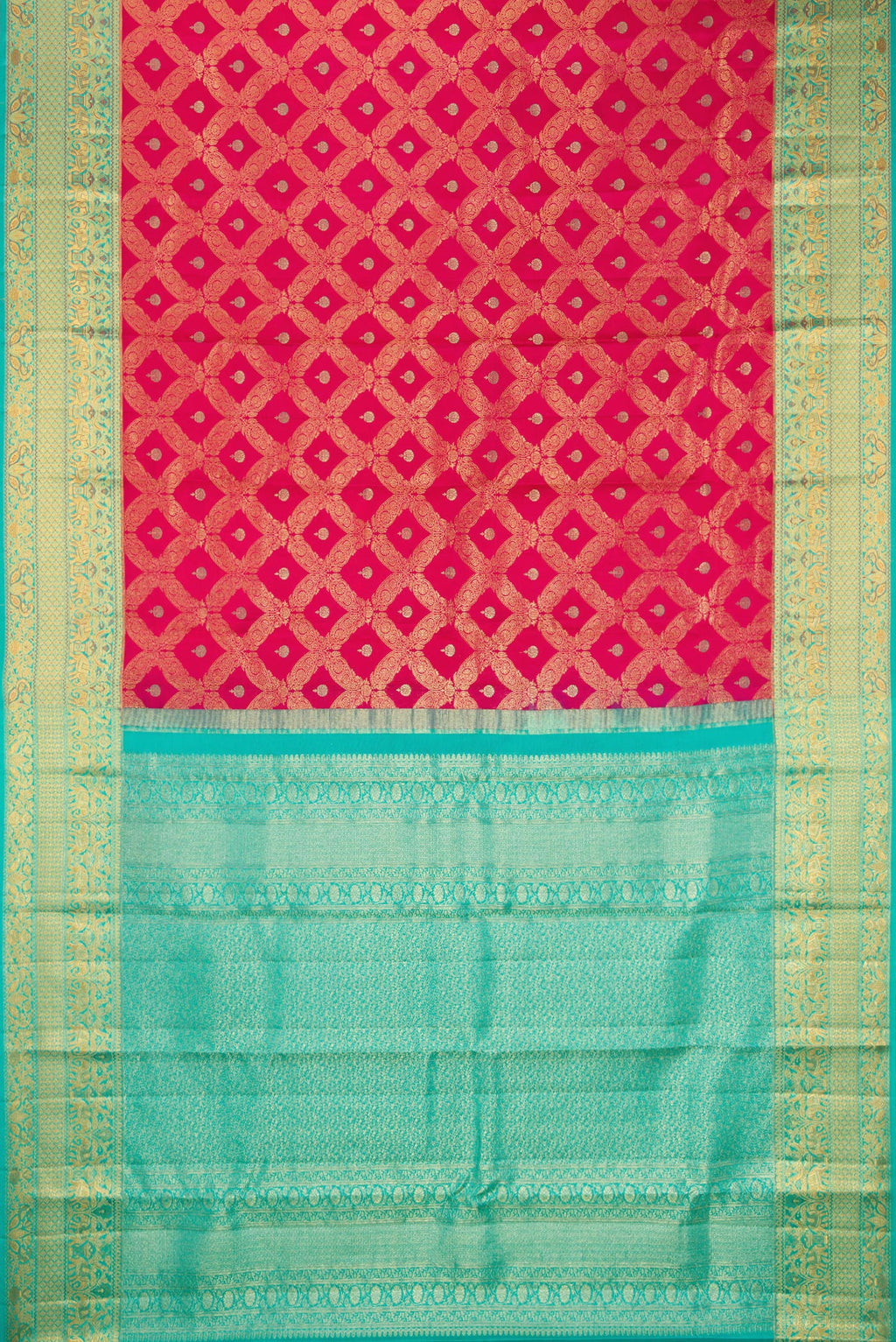 Flat view of Pure Silk Dark Pink Dual Tone Kanjivaram Saree with Zari Brocade on the body and Zari Border. 