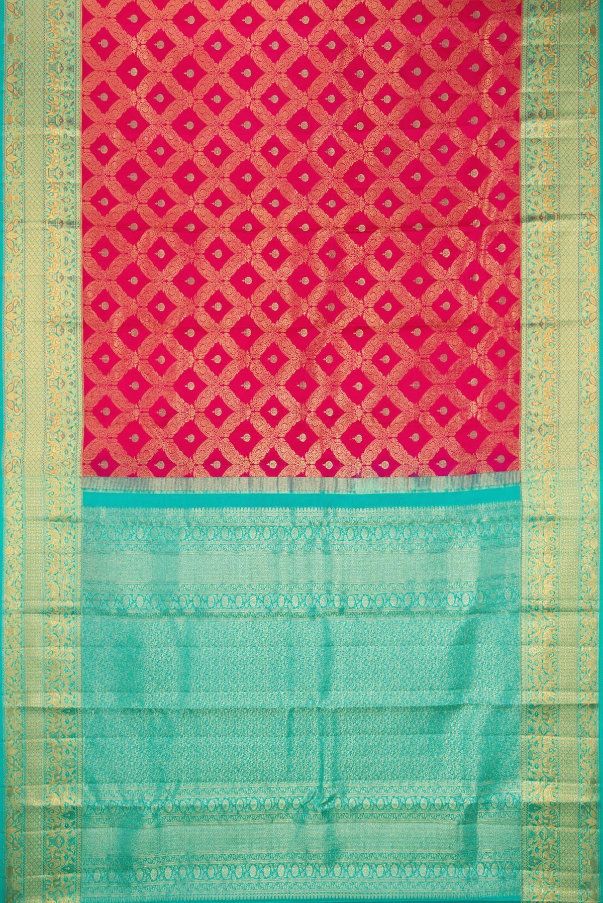 Flat view of Pure Silk Dark Pink Dual Tone Kanjivaram Saree with Zari Brocade on the body and Zari Border. 