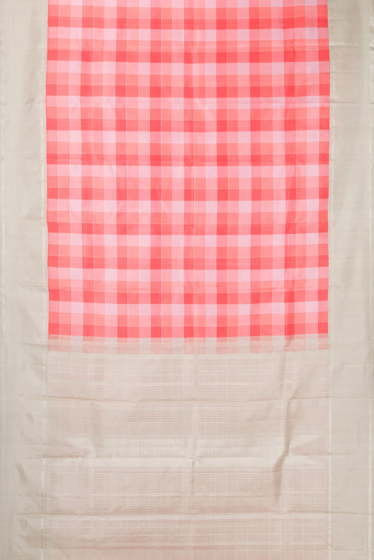 Flat view of Pure Silk Pure Zari Multi Color Kanchipuram Saree with Checked design on the body and Zari Border. 