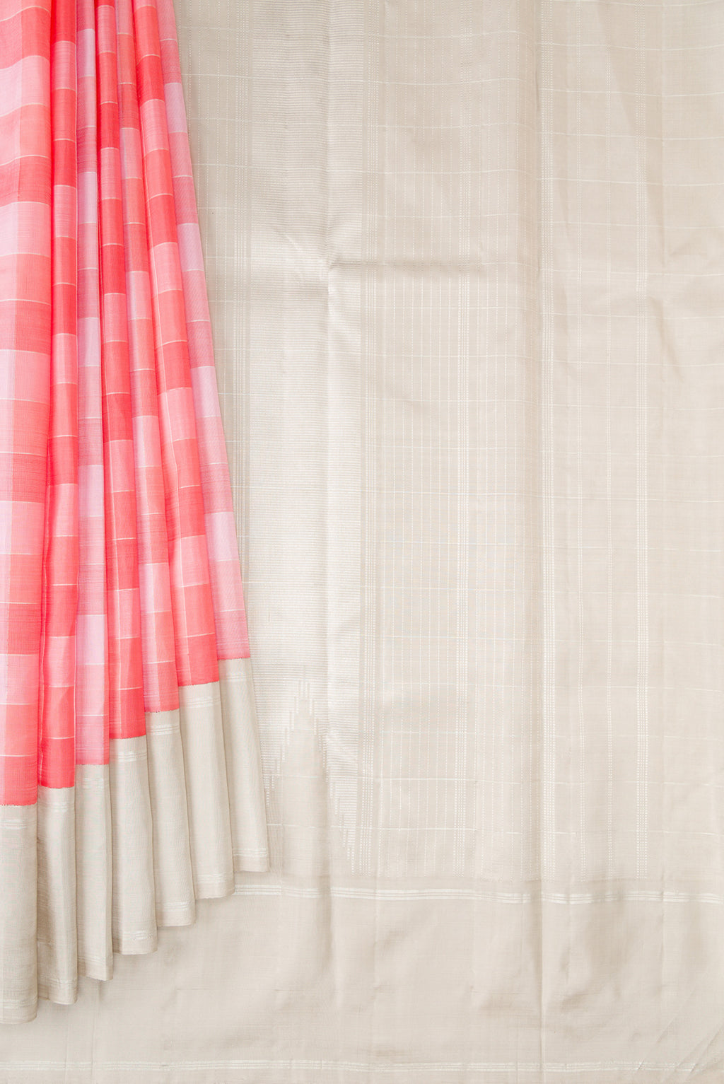 Pleats and pallu of Pure Silk Pure Zari Multi Color Kanchipuram Saree with Checked design on the body and Zari Border. 