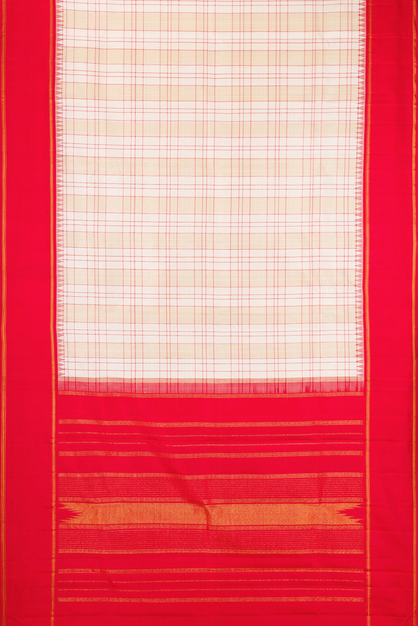 Flat view of Cream Kanjivaram Silk Saree with Checked design on the body and Zari Border. 