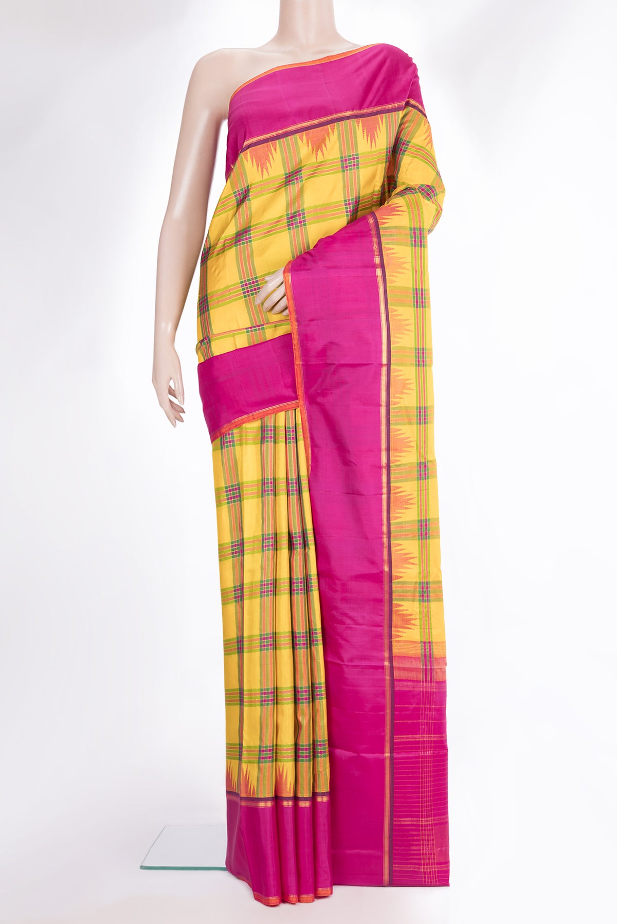 Pure Silk Yellow Kanjivaram Saree with Checked design on the body and Fancy Border.  displayed on a mannequin