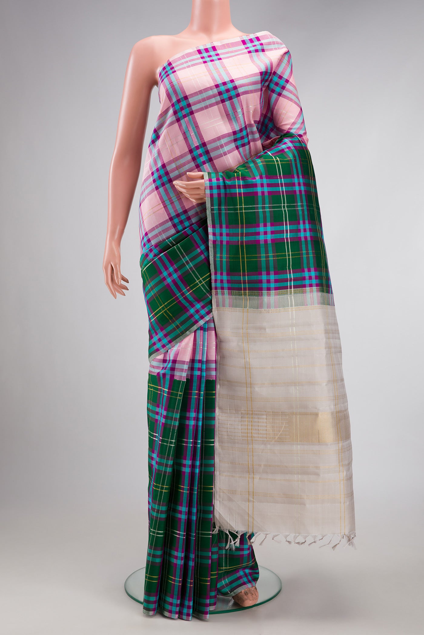 Multi Color Kanjivaram Silk Saree with Half And Half on the body and Without Border.  displayed on a mannequin