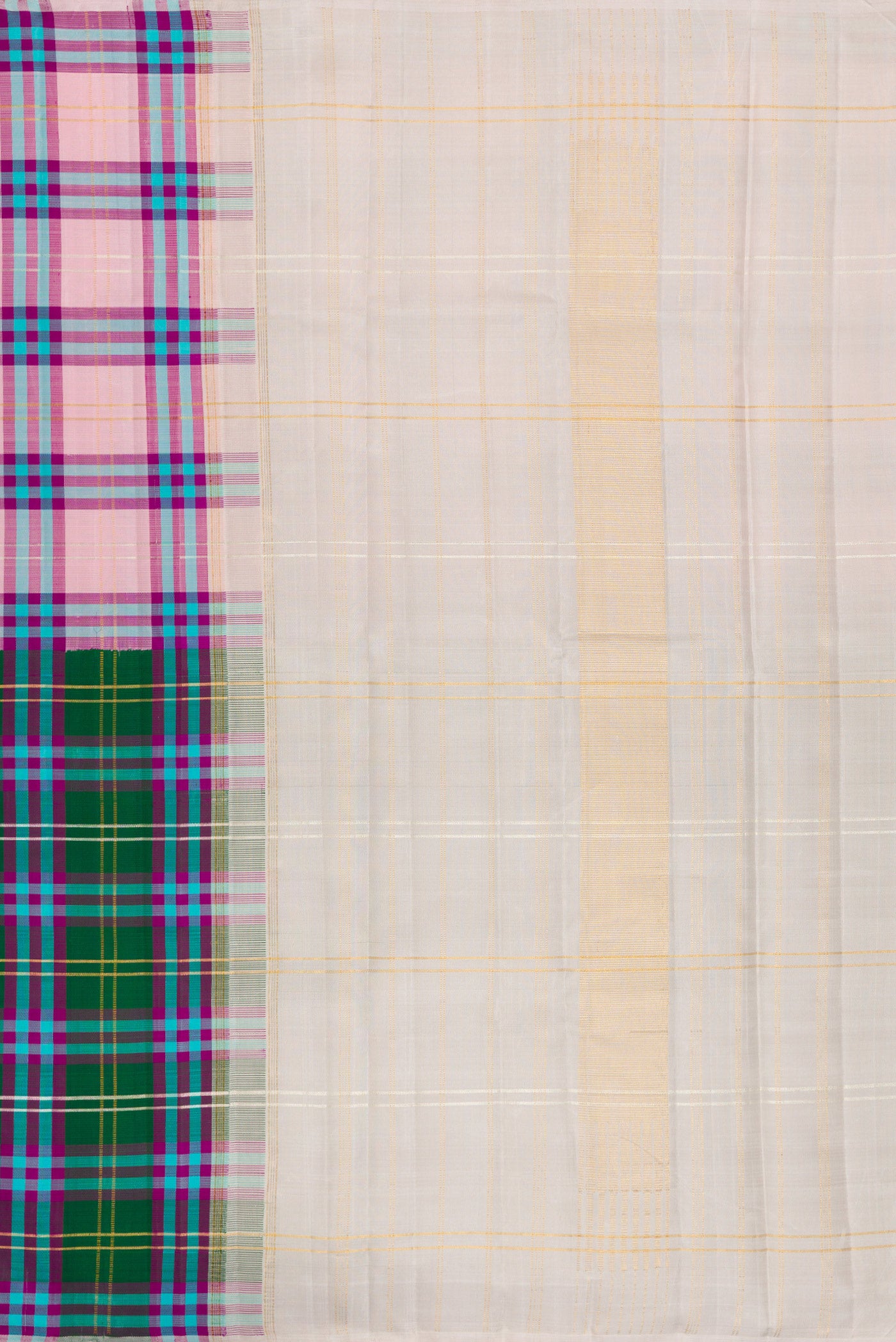 Close up image of the pallu of Multi Color Kanjivaram Silk Saree with Half And Half on the body and Without Border. 