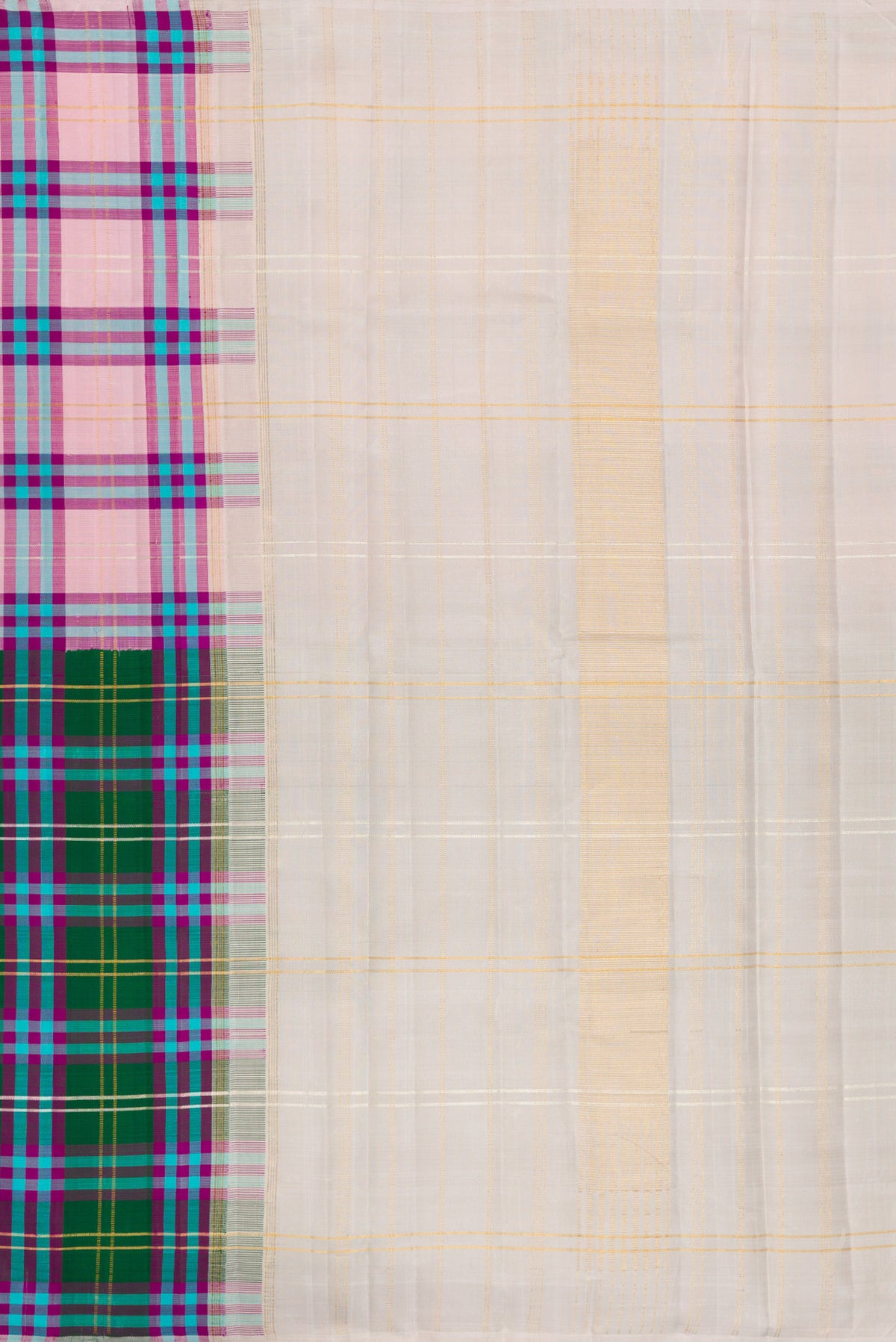 Close up image of the pallu of Multi Color Kanjivaram Silk Saree with Half And Half on the body and Without Border. 