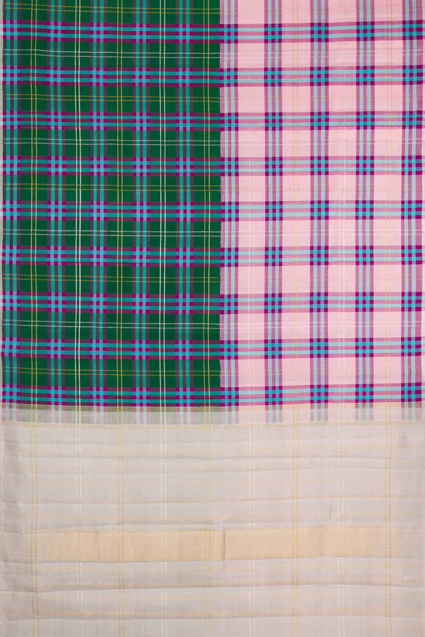 Flat view of Multi Color Kanjivaram Silk Saree with Half And Half on the body and Without Border. 