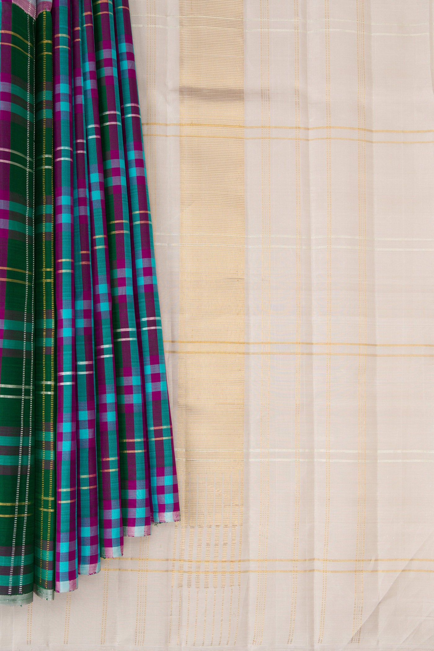 Pleats and pallu of Multi Color Kanjivaram Silk Saree with Half And Half on the body and Without Border. 