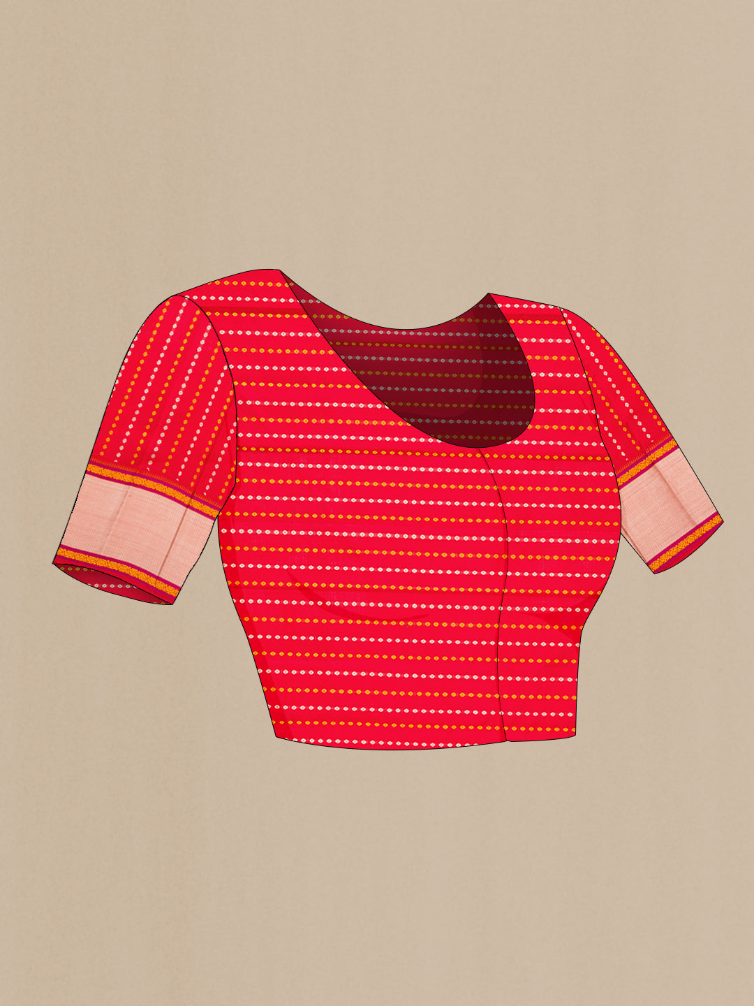 Close up image of the blouse of Cream Kanchipuram Silk Saree with Checked design on the body and Thread Border. 