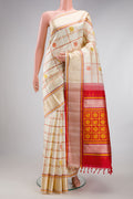 Cream Kanchipuram Silk Saree with Checked design on the body and Thread Border.  displayed on a mannequin