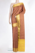 Pure Silk Rust and Green Color Kanchipuram Saree with Stripes on the body and Zari Border.  displayed on a mannequin