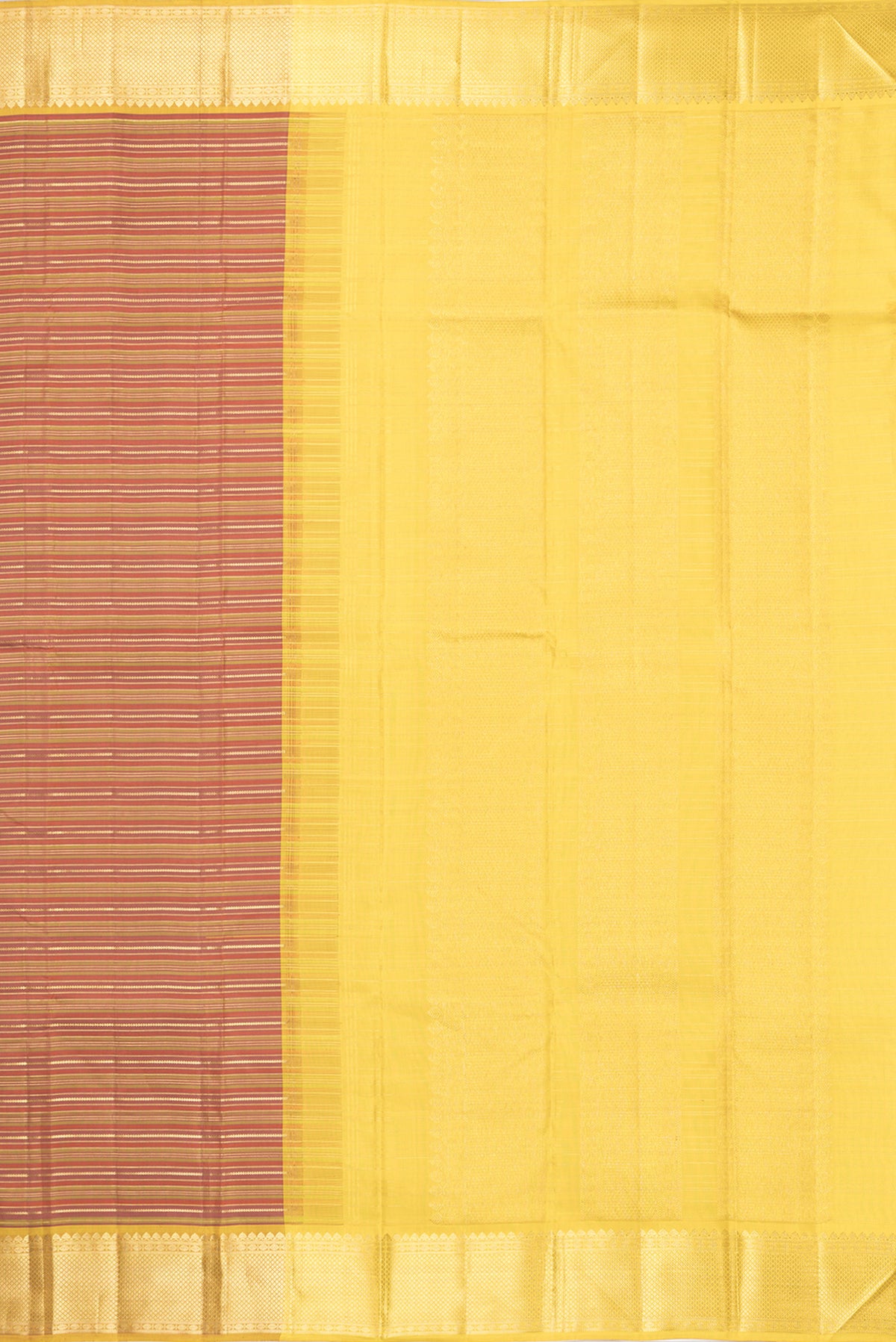 Close up image of the pallu of Pure Silk Rust and Green Color Kanchipuram Saree with Stripes on the body and Zari Border. 