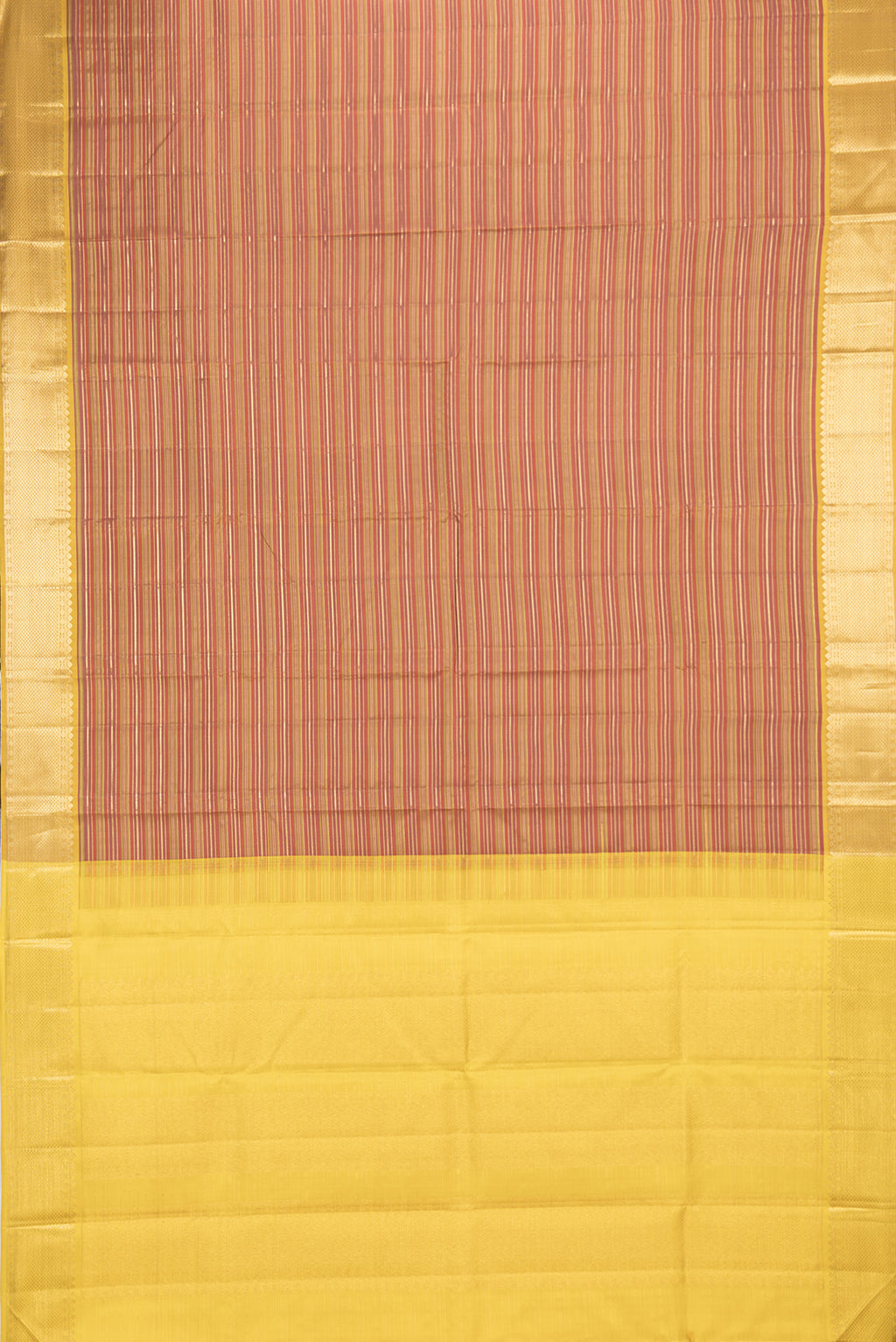 Flat view of Pure Silk Rust and Green Color Kanchipuram Saree with Stripes on the body and Zari Border. 