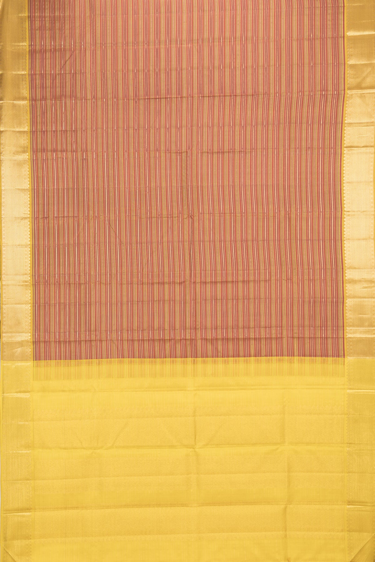 Flat view of Pure Silk Rust and Green Color Kanchipuram Saree with Stripes on the body and Zari Border. 
