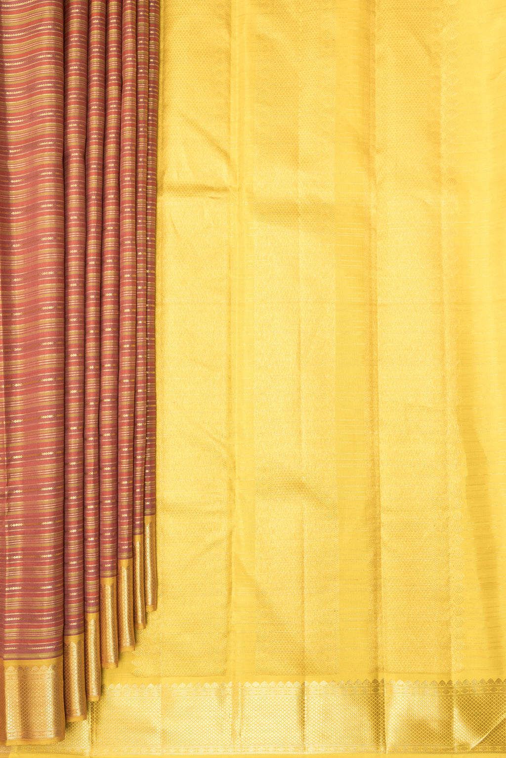 Pleats and pallu of Pure Silk Rust and Green Color Kanchipuram Saree with Stripes on the body and Zari Border. 