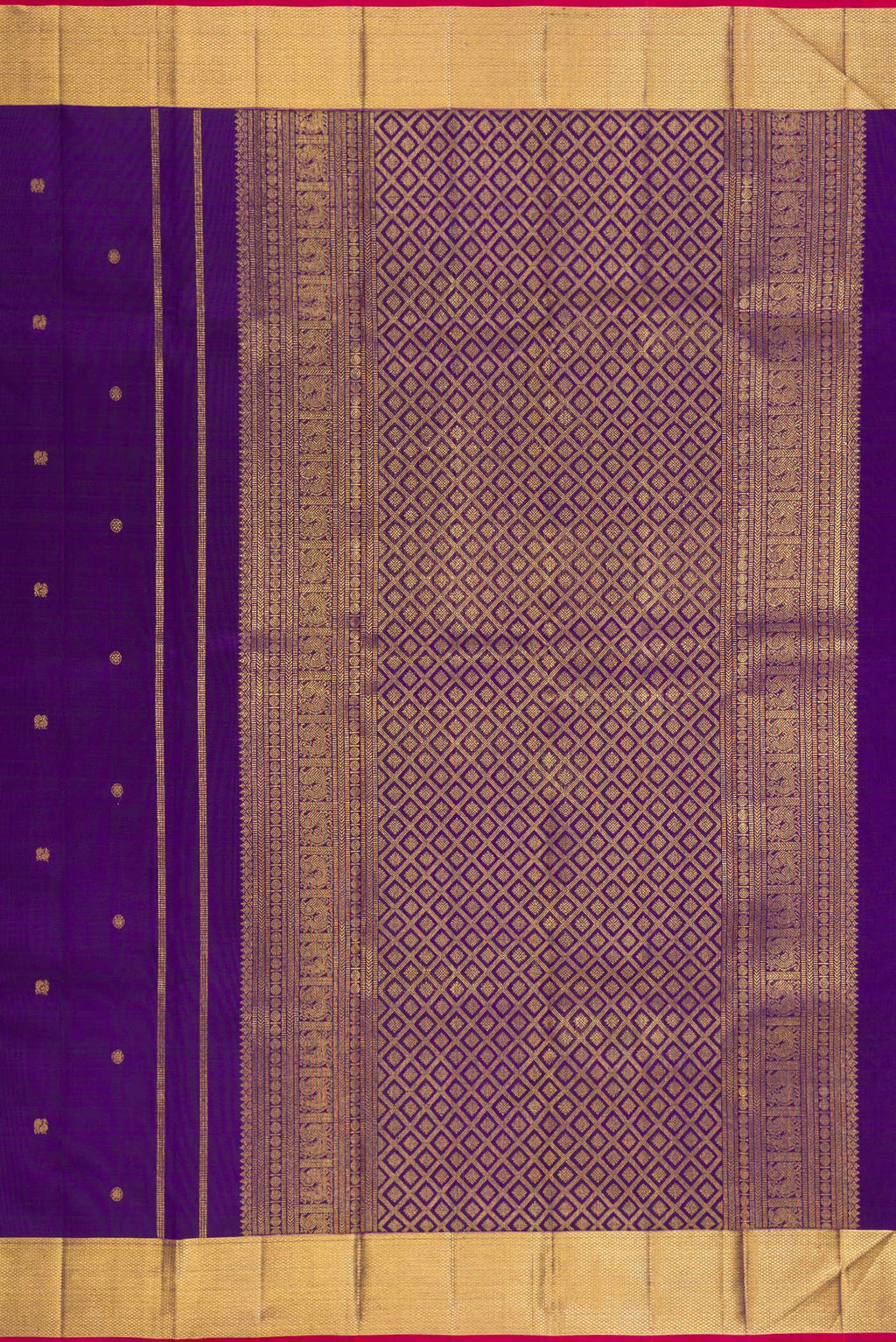 Close up image of the pallu of Pure Silk Violet Kanjivaram Saree with Zari Butta on the body and Zari Border. 