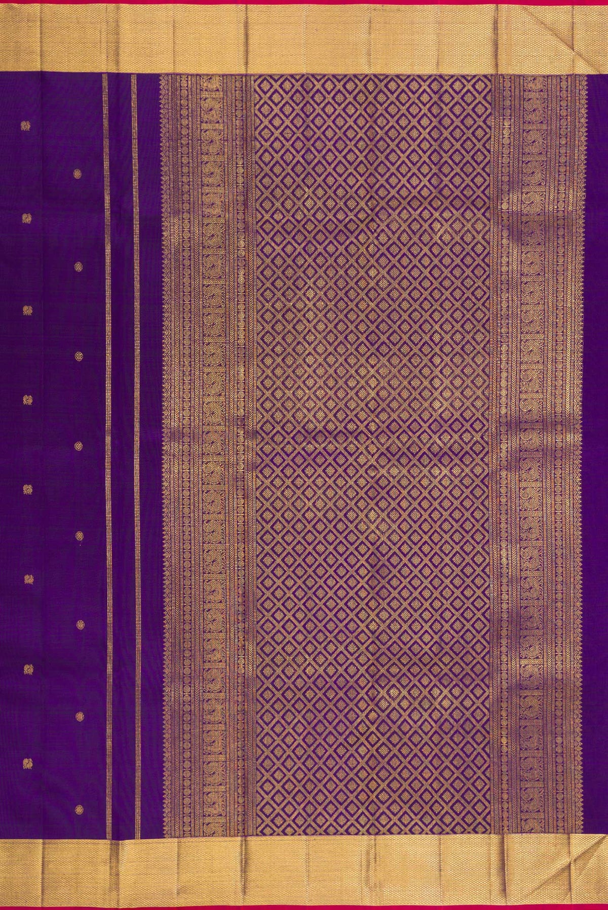 Close up image of the pallu of Pure Silk Violet Kanjivaram Saree with Zari Butta on the body and Zari Border. 