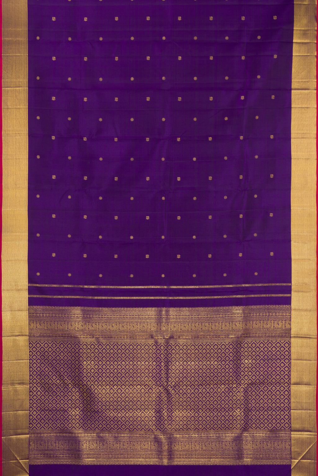 Flat view of Pure Silk Violet Kanjivaram Saree with Zari Butta on the body and Zari Border. 