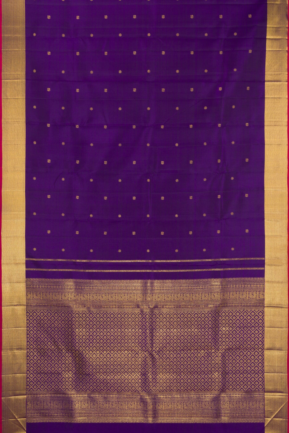 Flat view of Pure Silk Violet Kanjivaram Saree with Zari Butta on the body and Zari Border. 