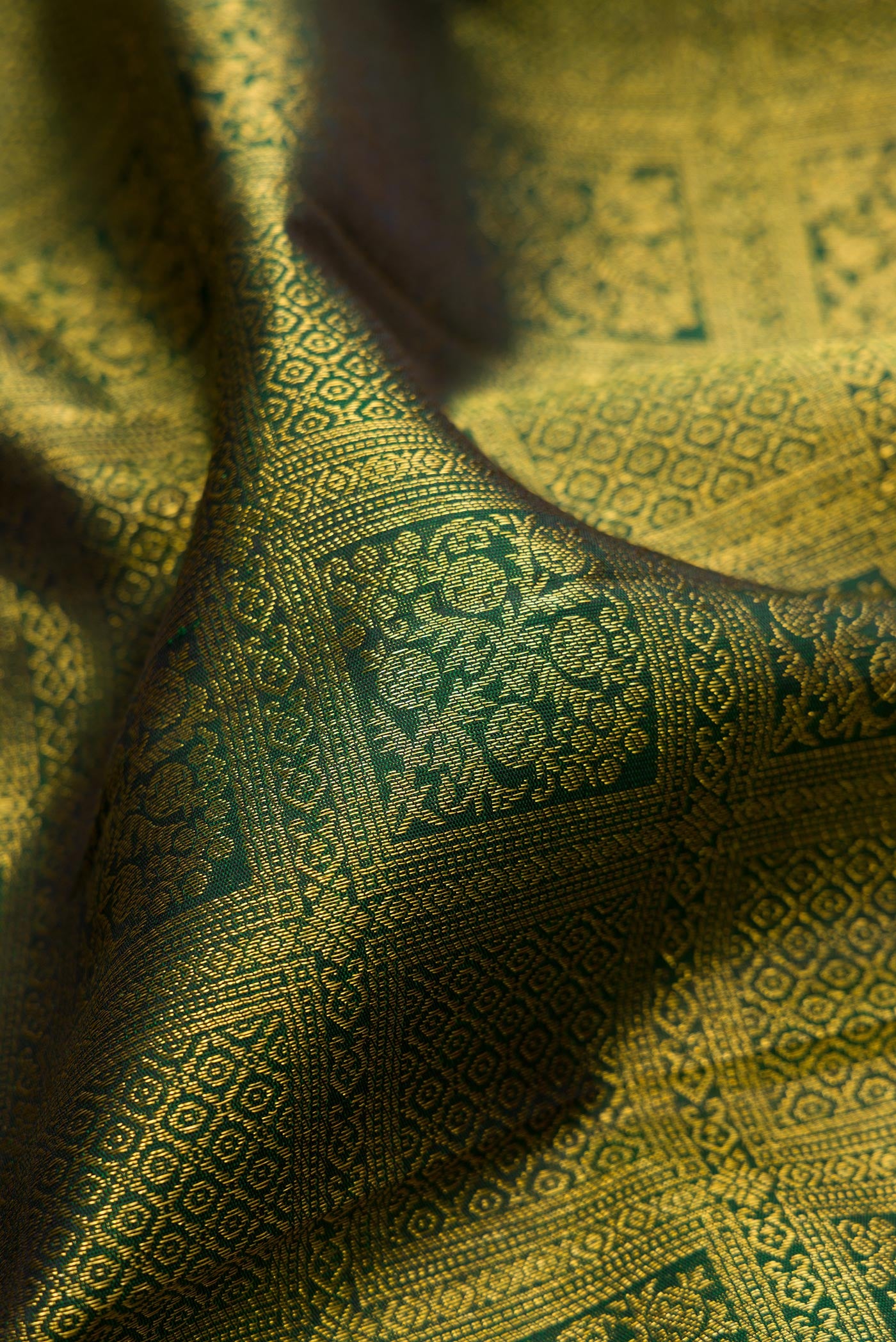 Close up of Bottle Green Kanchipuram Silk Saree with Zari Brocade on the body and Fancy Border.  displaying folds