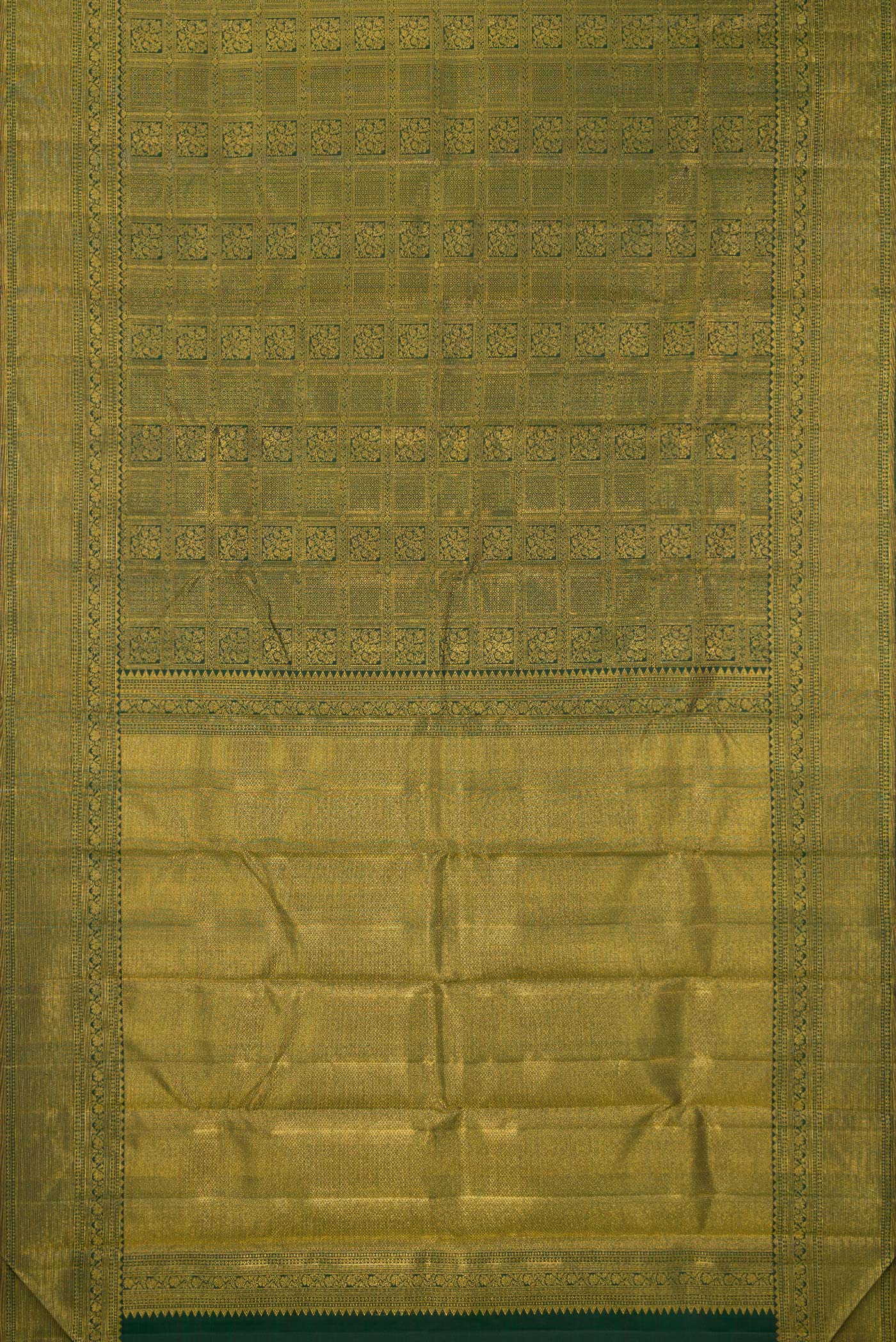 Flat view of Bottle Green Kanchipuram Silk Saree with Zari Brocade on the body and Fancy Border. 