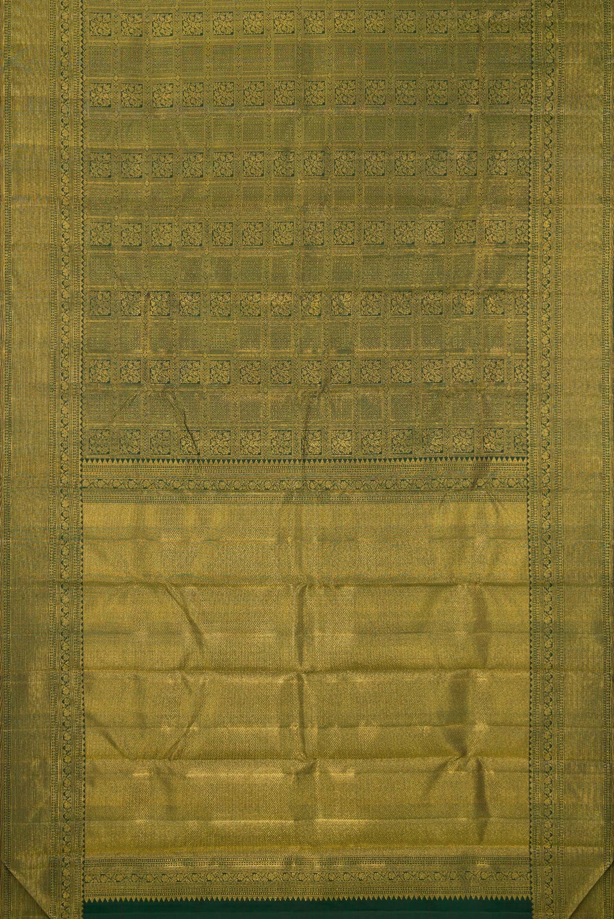 Flat view of Bottle Green Kanchipuram Silk Saree with Zari Brocade on the body and Fancy Border. 