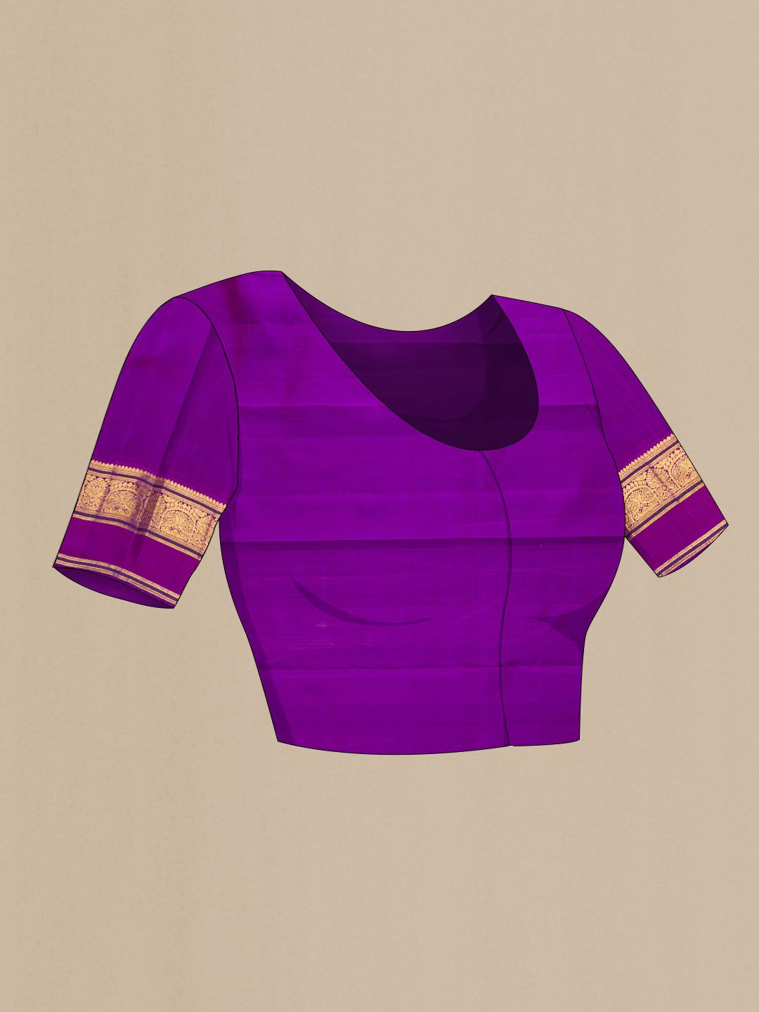 Close up image of the blouse of Pure Silk Gold Kanchipuram Saree with Zari Butta on the body and Zari Border. 