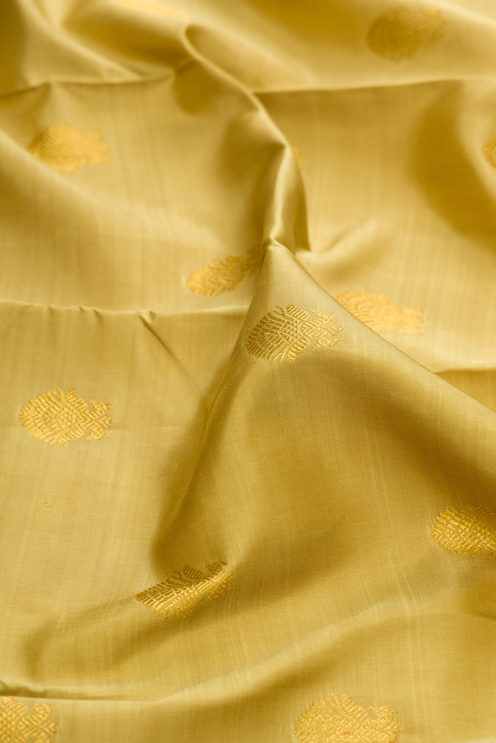 Close up of Pure Silk Gold Kanchipuram Saree with Zari Butta on the body and Zari Border.  displaying folds