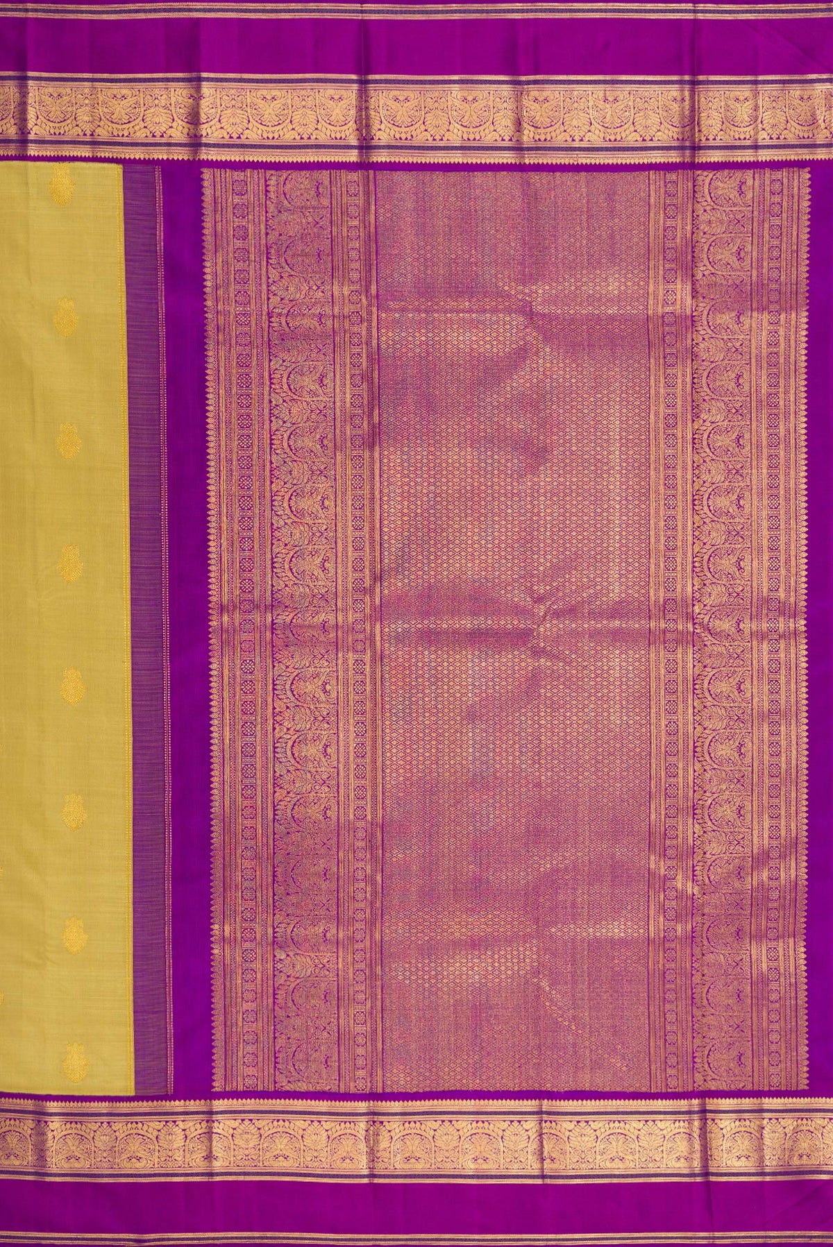 Close up image of the pallu of Pure Silk Gold Kanchipuram Saree with Zari Butta on the body and Zari Border. 
