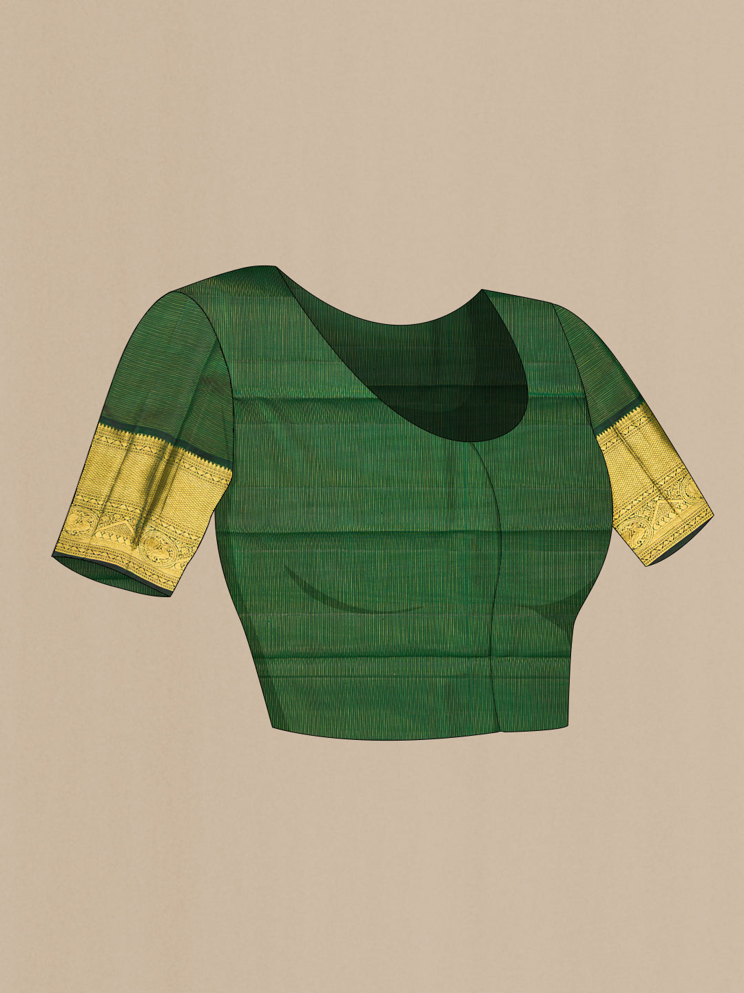 Close up image of the blouse of Sandal Kanchipuram Silk Saree with Checked design on the body and Zari Border. 